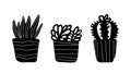 Set of cute hand drawn house plants in pots in doodle cartoon style isolated on white background. Vector outline and silhouette