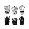 Set of cute hand drawn house plants in pots in doodle cartoon style isolated on white background. Vector outline silhouette potted