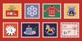 Set Of Cute Hand-drawn Post Stamps With Christmas And New Year Attributes, Gift, Cat, Sweater, Candle. Trendy Vector