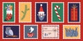 Set Of Cute Hand-drawn Post Stamps With Christmas And New Year Attributes, Santa Claus, Candy Cane, Cat. Trendy Vector