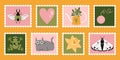 Set of cute hand-drawn post stamps with natural plant elements, attributes like flowers, moth, frog. Trendy modern