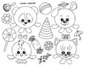 Set of cute hand drawn round animals panda, dog, chicken, cat, flowers and baby toys in doodle style