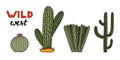 Set of cute hand drawn saguaro cactus from Mexico or Wild West desert. Vector simple cacti flower with thorns in cartoon