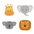 Set of cute hand drawn slleping animals - giraffe, elephant, lion and koala. Cartoon zoo. Vector illustration. Animals Royalty Free Stock Photo