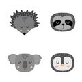 Set of cute hand drawn slleping animals - hedgehog, sloth, koala and penguin. Cartoon zoo. Vector illustration. Animals Royalty Free Stock Photo