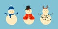 Set of cute hand drawn snowmans with different clothes and decoration. Christmas winter design element in doodle style. Royalty Free Stock Photo