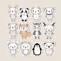 Set of cute hand drawn stickers with animals. Funny cartoon characters. Bunny, panda, cat, dog, bear, fox, zebra, deer, mouse, Royalty Free Stock Photo