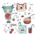 Set of cute hand-drawn stickers. Delicious cherries and delicacies with them. Vector illustration of tasty collection.