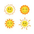 Set of cute hand drawn sun. Yellow funny suns with different emotions isolated on white background. Vector childish Royalty Free Stock Photo