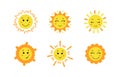 Set of cute hand drawn sun. Yellow funny suns with different emotions isolated on white background. Vector childish Royalty Free Stock Photo