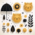 Set of cute hand drawn sunflower, leaf, tree, umbrella, cloud. Vector illustration Royalty Free Stock Photo