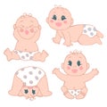 set of cute hand-drawn tender babies in various poses, pastel shades