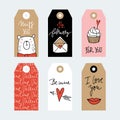 Set of cute hand drawn Valentines day or wedding gift tags with cute bear, envelope, lips and cupcake. Handwritten text