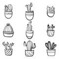 Set of Cute hand drawn vector cactuses in the pots. Simplere vector hand drawn illustration. Home plants