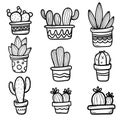 Set of Cute hand drawn vector cactuses in the pots. Simplere vector hand drawn illustration. Home plants