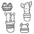 Set of Cute hand drawn vector cactuses in the pots. Simplere vector hand drawn illustration. Home plants