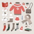 Set of cute hand drawn winter, Christmas lifestyle and fashion icons. Knitted sweater, cup of coffee, glove, Santa socks