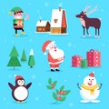 Set of cute happy cartoon characters. Christmas holiday decoration elements for poster or postacrd. Merry Xmas theme illustration