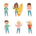 Set of cute happy children waving their hands in greeting. Boys and girls raising their hands cartoon vector Royalty Free Stock Photo