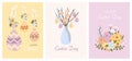 set of cute happy easter day greeting cards easter eggs flowers spring