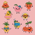 Set of Cute happy funny fruits with kawaii eyes .