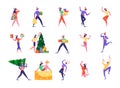 Set of Cute Happy Tiny People Celebrating New Year and Christmas Holidays, Carrying and Decorate Spruce Tree