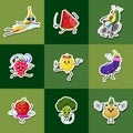 Set of Cute healthy vegetables. Sports fruit characters, funny face berries. Happy food strawberry eggplant banana