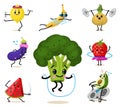 Set of Cute healthy vegetables. Sports fruit characters, funny face berries. Happy food strawberry eggplant banana Royalty Free Stock Photo