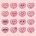 Set of cute heart shaped emoticons in doodle style. Pink kawaii emoji in shape of hearts with different emotions.