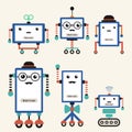 Set of cute hipster vintage robots isolated on white background. Kids robot toy. Modern robots and fantastic creatures art texture