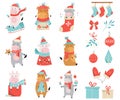 Set of cute holidays cows and bulls in winter clothes. Royalty Free Stock Photo