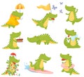 Set of cute humanized crocodiles in different situations. Vector illustration on a white background. Royalty Free Stock Photo