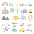 Set of cute icon in travel concept.Kid graphic