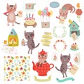 Set of cute illustrations and characters. Cats, birds, floral pattern, letter. Royalty Free Stock Photo