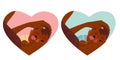 Set of cute illustrations. heart shaped breastfeeding week.A happy baby in her mothers arms is enjoying breast milk