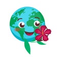 Set of cute illustrations with planet Earth. The earth admires a beautiful flower. Royalty Free Stock Photo