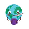 Set of cute illustrations with planet Earth. The earth is sick, measures the temperature and drinks a hot drink.