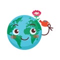 Set of cute illustrations with planet Earth. The earth waters a cute flower from a watering can. Royalty Free Stock Photo