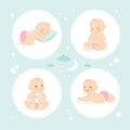 Set of cute infant babies. Cartoon newborn baby in various poses