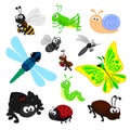 Set of cute insects bee grasshopper snail dragonfly fly ant mosquito butterfly caterpillar worm spider ladybug cockroach Royalty Free Stock Photo
