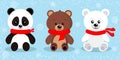 Set of cute isolated christmas bear in red scarves in sitting pose