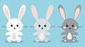 Set of cute isolated white and grey rabbits in sitting pose with big ears