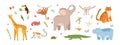 Set of cute jungle animals. Collection of exotic tropical birds, tiger, giraffe, monkey, chameleon and turtle. Childish