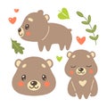 Set of cute and kawaii brown bear in many posture isolated vector