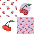 Set of Cute Kawaii Cherry patterns. Food fruit flat icon. Vector hand drawn illustration.