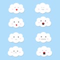 Set of cute or kawaii cloud cartoon such as smile, crying, happy, sad, angry and relax on blue background