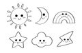 Set of cute Kawaii doodle cartoon sky icons and objects-Sun, moon, rainbow, star, cloud, and lightning. The object in the sky. Royalty Free Stock Photo