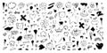 Set of cute, kawaii doodles. Hand drawn anime characters, brush strokes, flowers, cat, bear, jelly fish, splatters Royalty Free Stock Photo