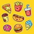 Set of cute kawaii fast food meal. Royalty Free Stock Photo