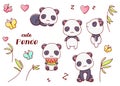 Set cute kawaii hand drawn panda doodles, isolated on white background, clipart Royalty Free Stock Photo